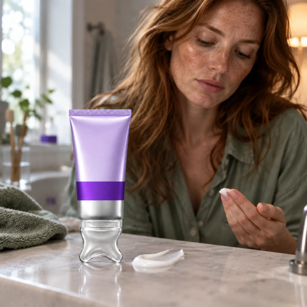 The exact Ondine product: a lavender and violet satin 80 g facial cream tube with transparent integr