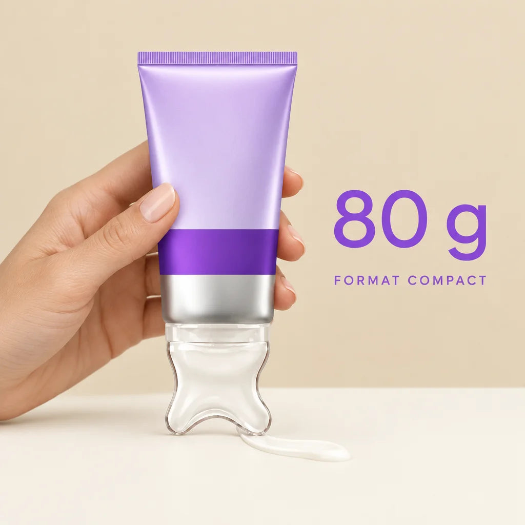 The exact Ondine product: a lavender and violet satin 80 g facial cream tube with transparent integr
